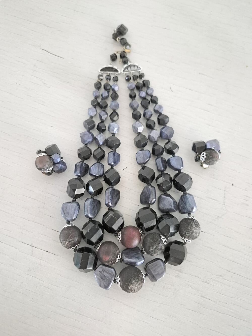 Vintage Germany Black Acrylic Beaded Multistrand Choker Necklace and Earring Set